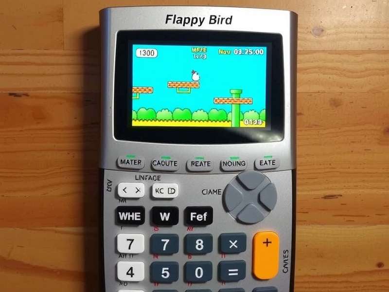 Flappy Bird game running on a TI-84 Plus graphing calculator screen