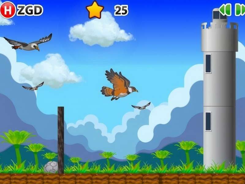 Flappy Bird gameplay with yellow bird flying between green pipes on blue sky background